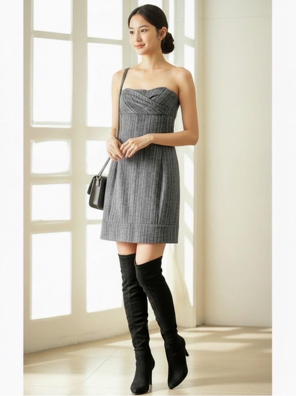 IISLI Sophia Strapless Wool Herringbone Dress